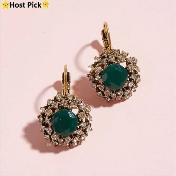 None Jewelry - Boho Ethnic Emerald Green Crystal Rhinestone Flower Drop Lever Back Earrings NWT